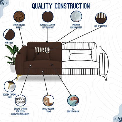 Adorn India Premium Valentino 3-2-1 Sofa Set | Velvet Suede Fabric | 3-Year Warranty | Color Brown with Golden Legs & Striped Pattern Cushion