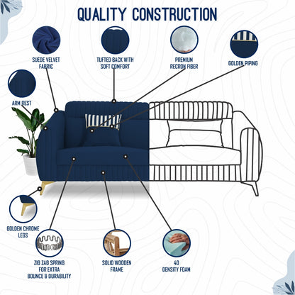 Adorn India Premium Valentino 3-2 Sofa Set | Velvet Suede Fabric | 3-Year Warranty | Color Blue with Golden Legs & Striped Pattern Cushion