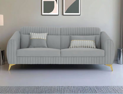 Adorn India Premium Valentino 3 Seater Sofa | Velvet Suede Fabric | 3-Year Warranty | Color Grey with Golden Legs & Striped Pattern Cushion