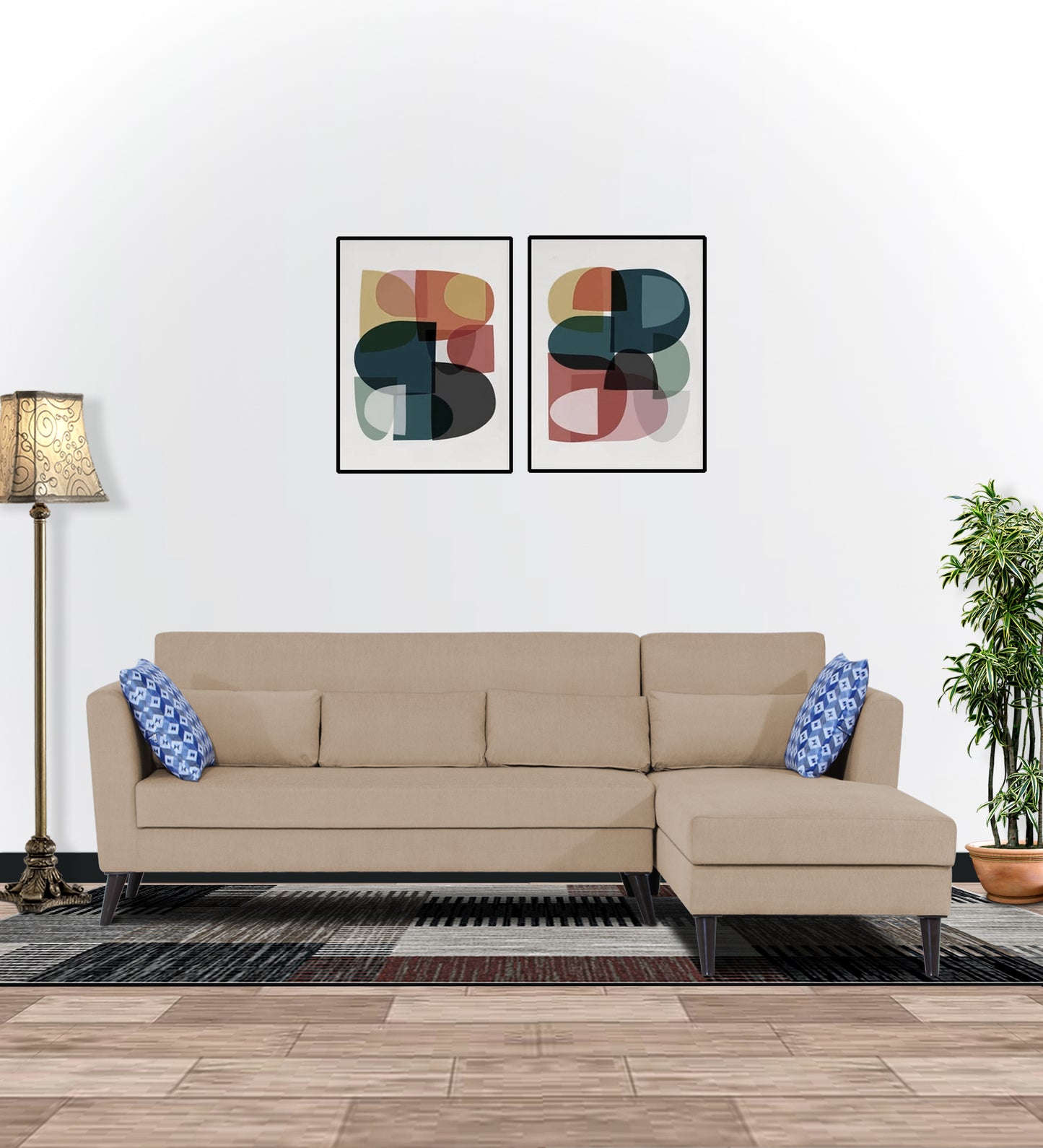 Adorn India Daniel L Shape 6 Seater Sofa Set RHS (Beige) (3 Year Warranty)