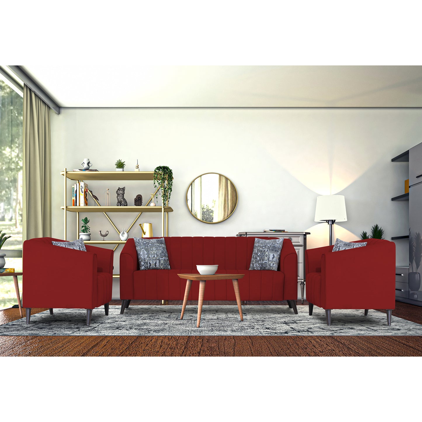 Adorn India Premium Laurel 3+1+1 5 Seater Sofa Set (Red) (3 Year Warranty)