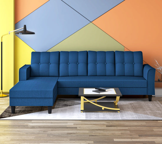 Adorn India Maddox Tufted L Shape 5 Seater Chenille Sofa Sofa Set LHS (Blue) (3 Year Warranty)