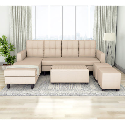 Adorn India Darcy L Shape 8 Seater Sofa Set with Center Table and 2 Ottoman Puffy (LHS) (Beige) (3 Year Warranty)