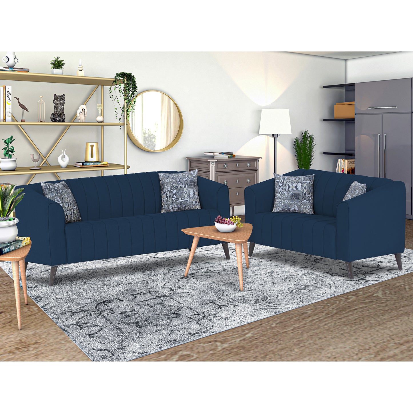 Adorn India Premium Laurel 3+2 5 Seater Sofa Set (Blue) (3 Year Warranty)