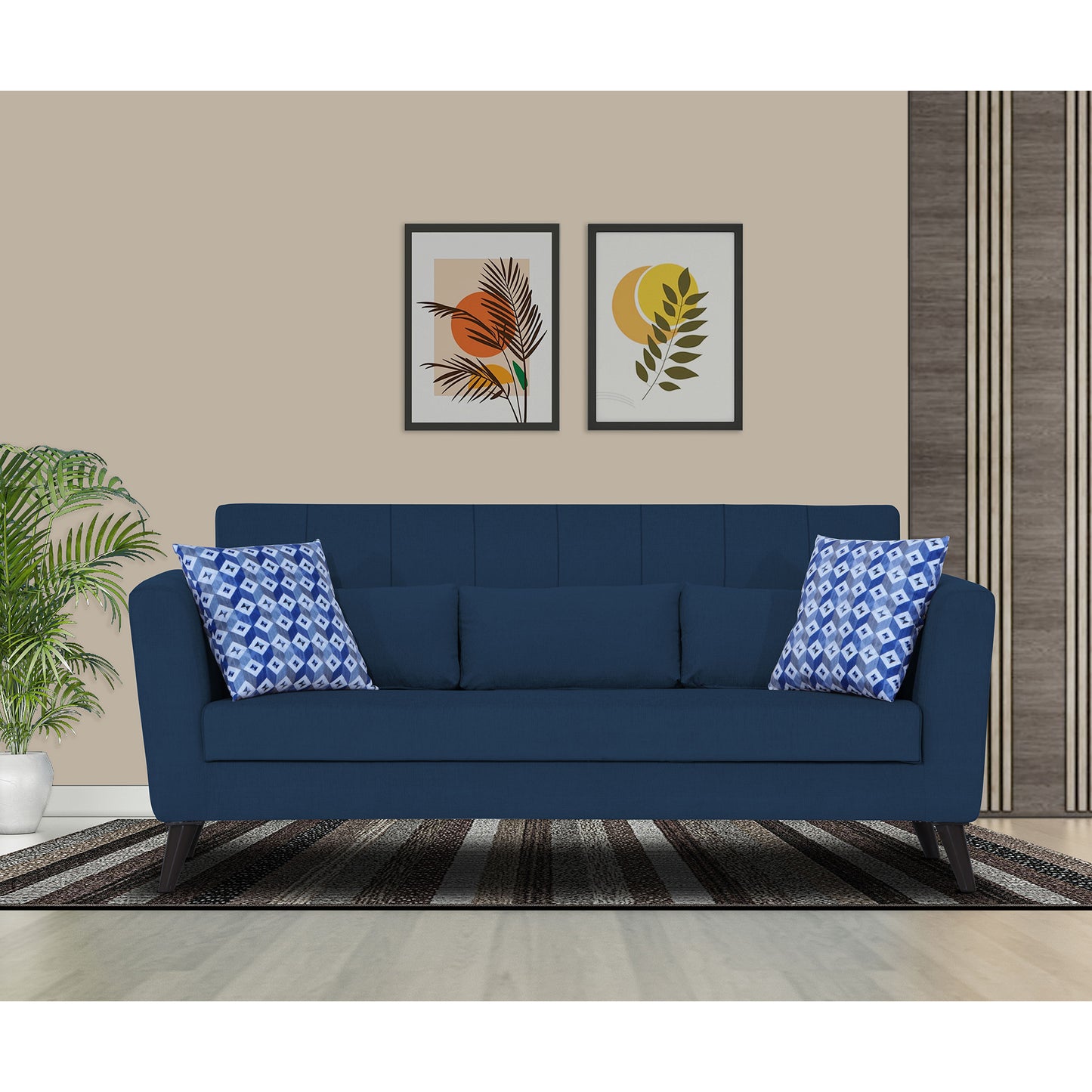 Adorn India Daniel 3 Seater Sofa (Blue) (3 Year Warranty)