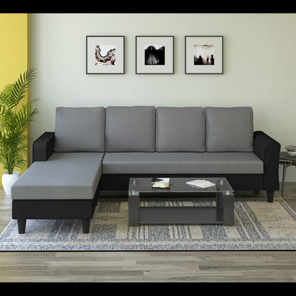 Adorn India Maddox Plain Two Tone L Shape 6 Seater Sofa Set LHS (Grey & Black) (3 Year Warranty)