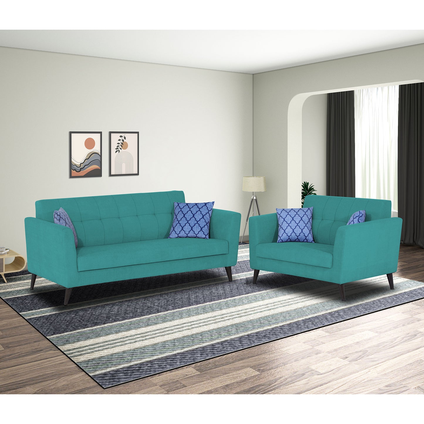 Adorn India Dannis 3+2 5 Seater Sofa Set (Aqua Blue) (3 Year Warranty)