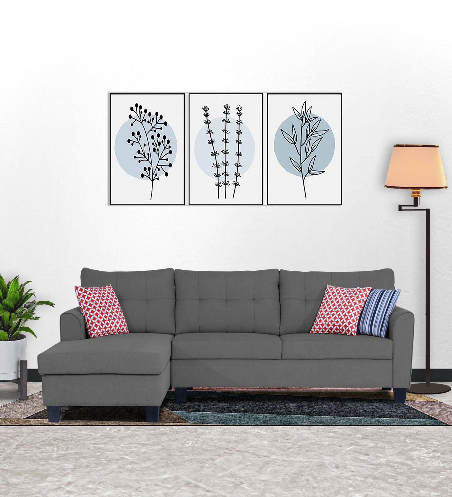 Adorn India Moris L Shape 6 Seater Sofa Set LHS (Grey) (3 Year Warranty)
