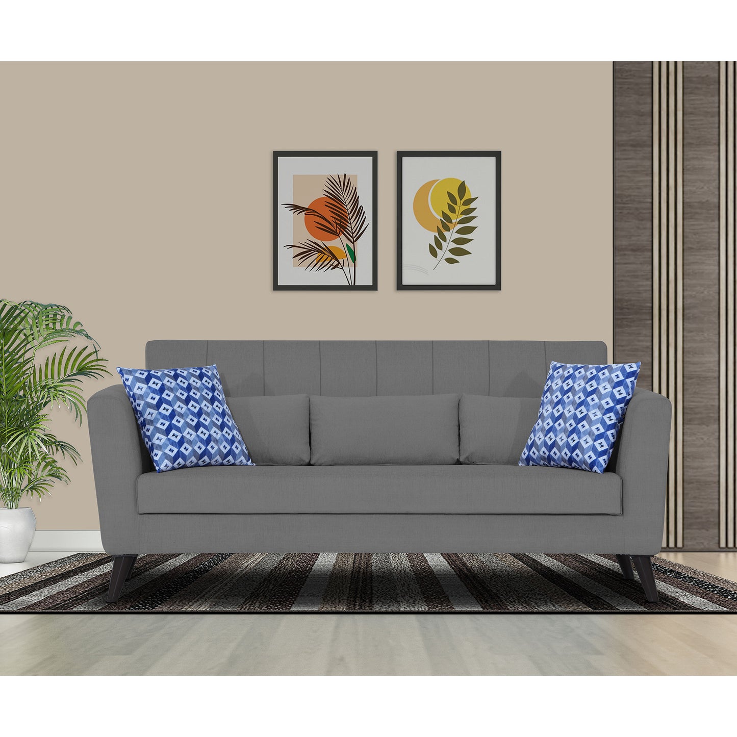 Adorn India Daniel 3 Seater Sofa (Grey) (3 Year Warranty)