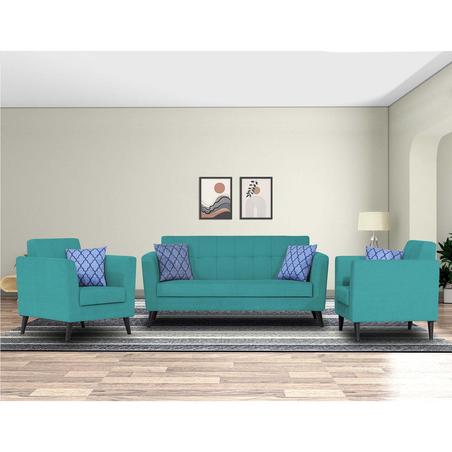 Adorn India Dannis 3+1+1 5 Seater Sofa Set (Aqua Blue) (3 Year Warranty)