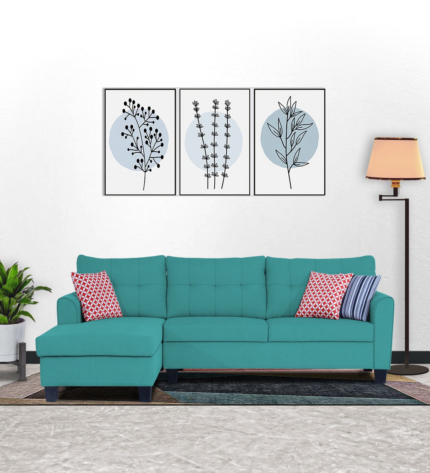 Adorn India Moris L Shape 6 Seater Sofa Set LHS (Aqua Blue) (3 Year Warranty)
