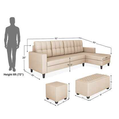 Adorn India Darcy L Shape 8 Seater Sofa Set with Center Table and 2 Ottoman Puffy (RHS) (Beige) (3 Year Warranty)