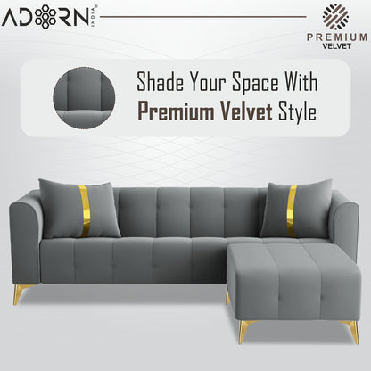 Adorn India Premium Mystic - 3 Years Warranty - L Shape 4 Seater Sofa Set Velvet Suede Fabric - Grey