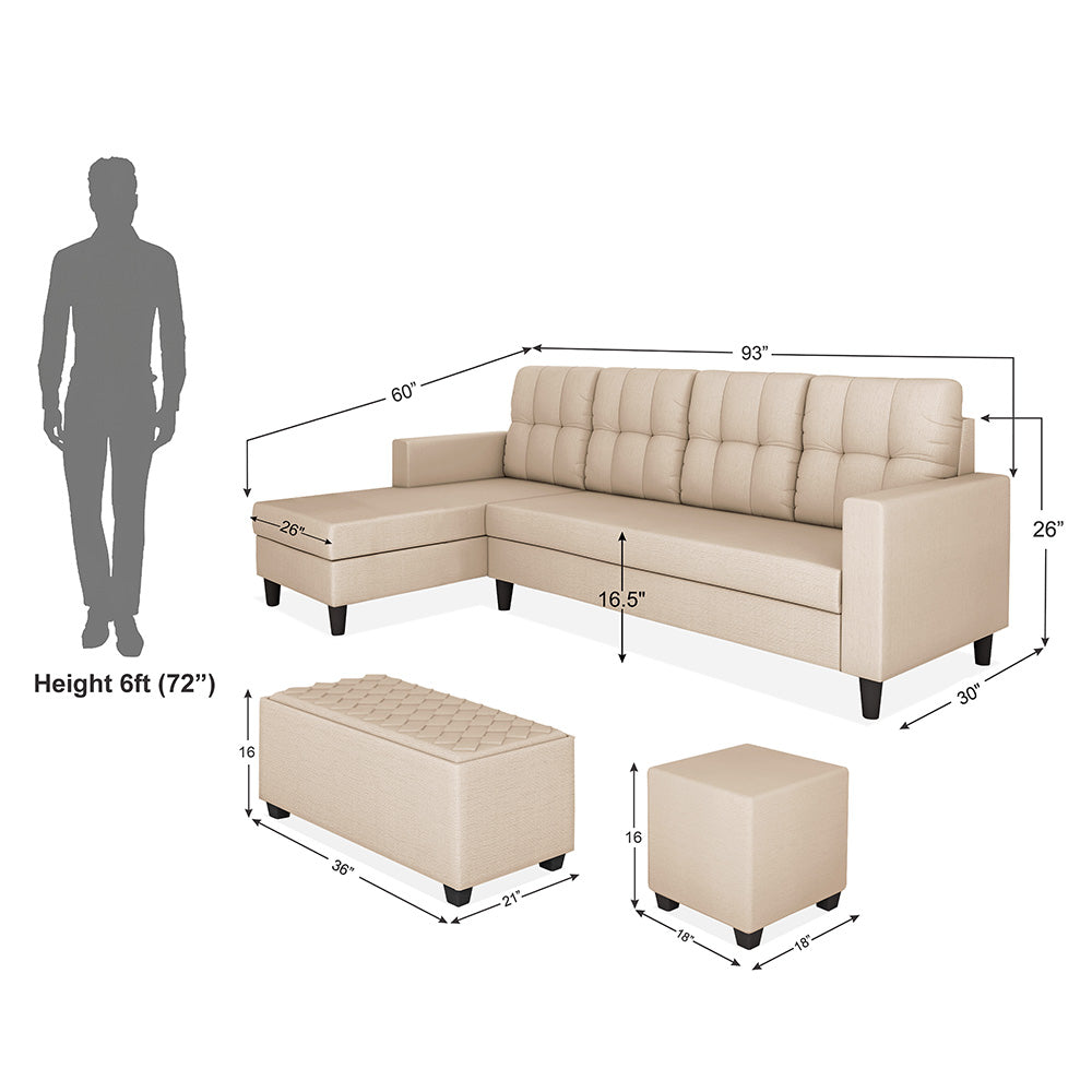Adorn India Darcy L Shape 8 Seater Sofa Set with Center Table and 2 Ottoman Puffy (LHS) (Beige) (3 Year Warranty)