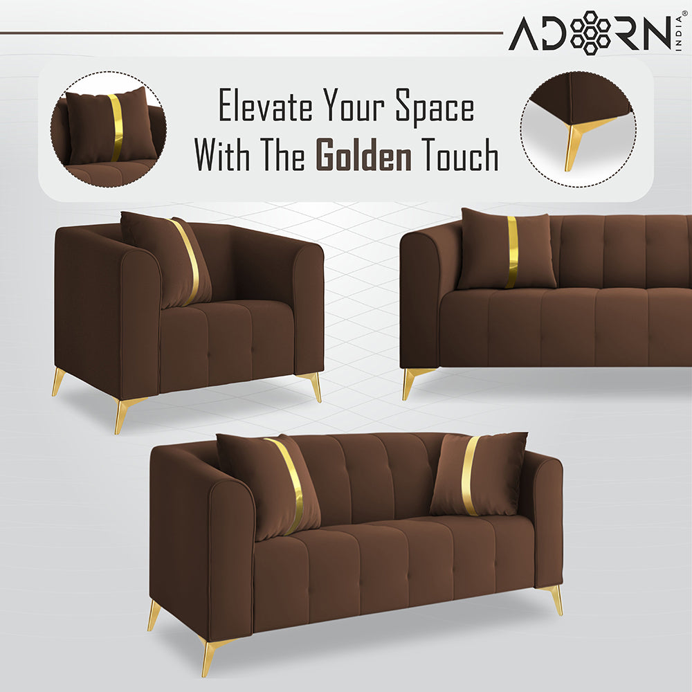 Adorn India Premium Mystic - 3 Years Warranty - 3+2+1 Sofa Set Velvet Suede Fabric - Brown