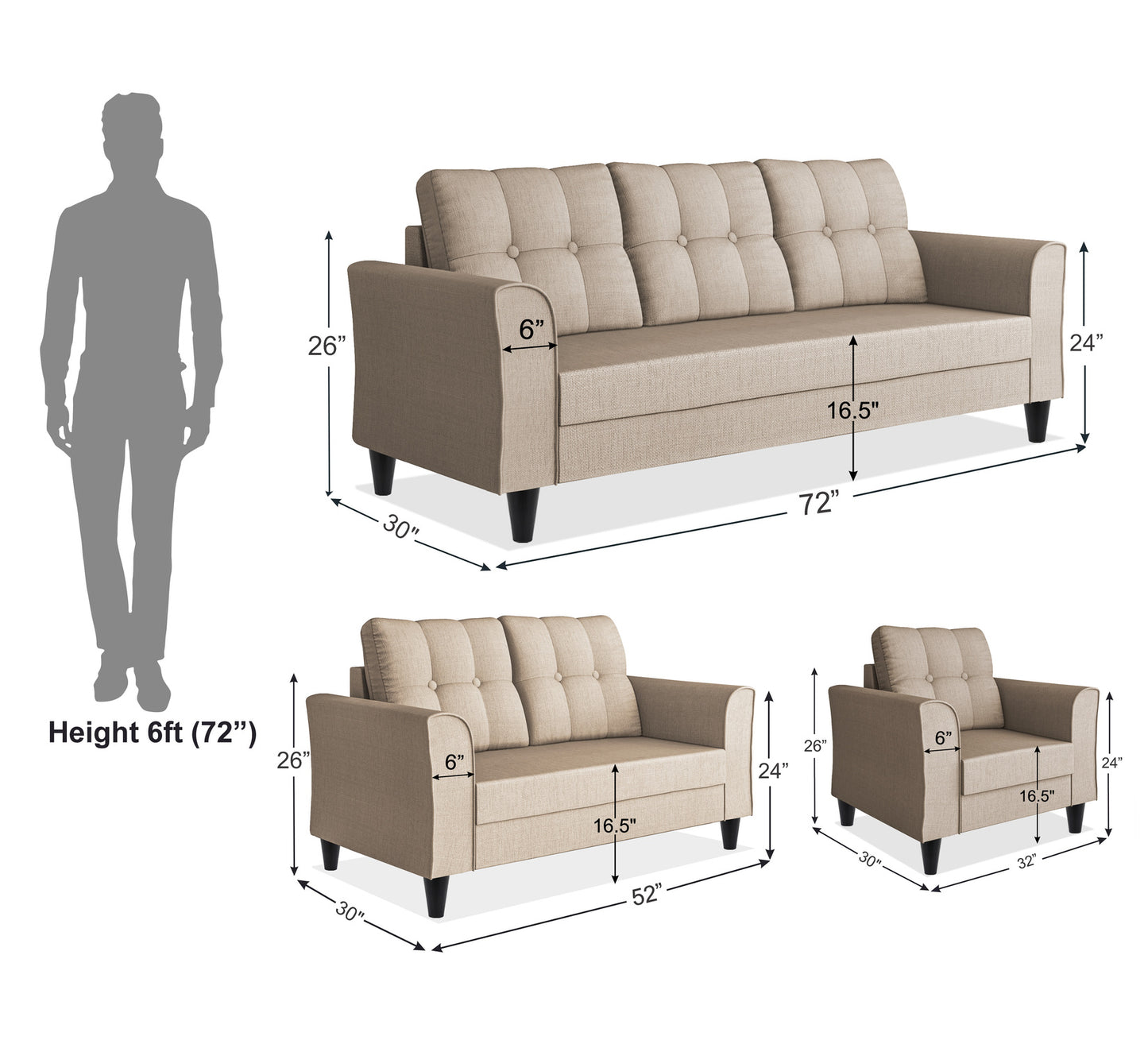 Adorn India Maddox Tufted 3+2+1 6 Seater Sofa Set (Beige) (3 Year Warranty)