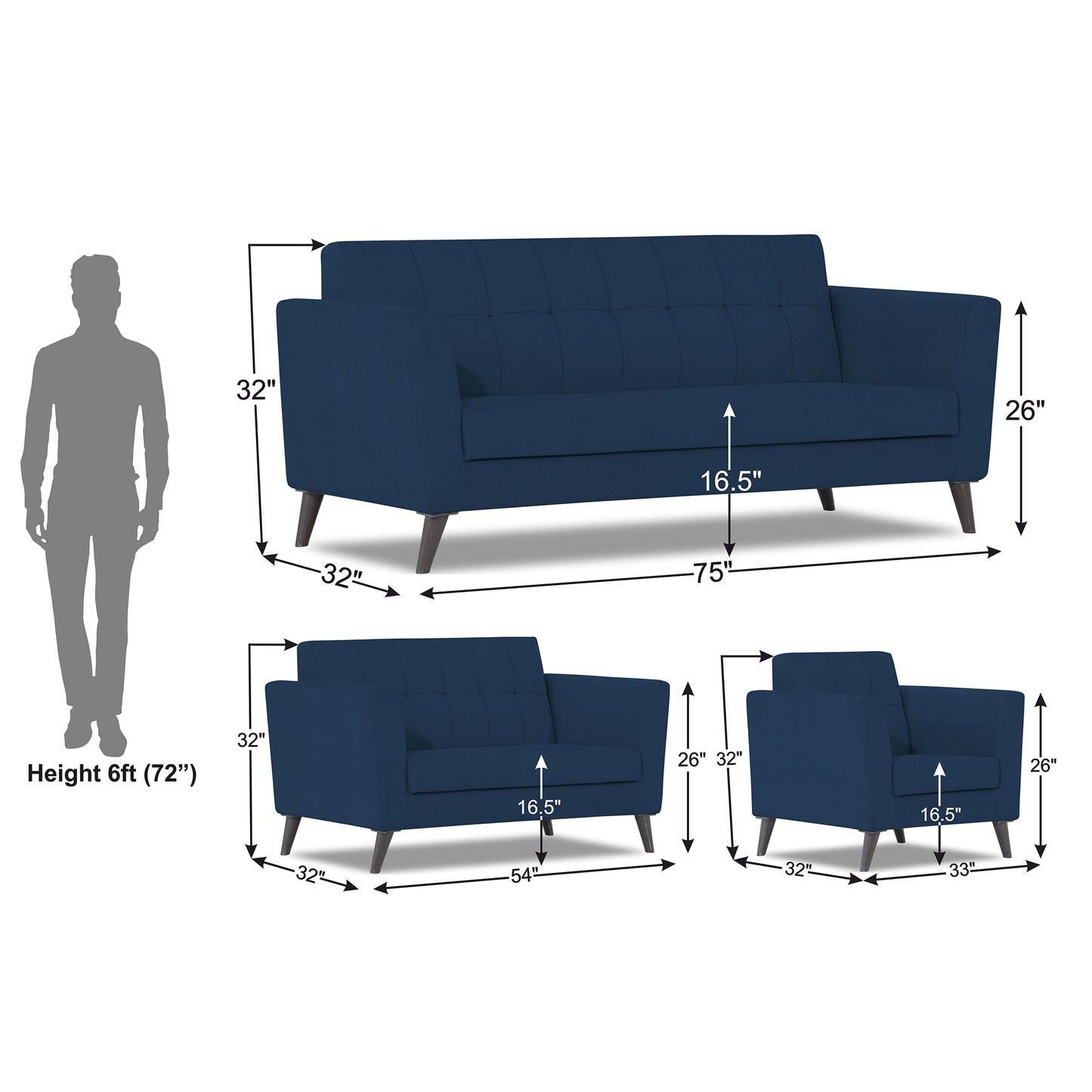 Adorn India Dannis 3+2+1 6 Seater Sofa Set (Blue) (3 Year Warranty)