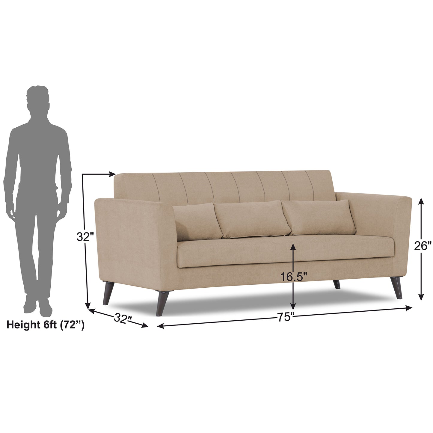 Adorn India Daniel 3 Seater Sofa (Beige) (3 Year Warranty)