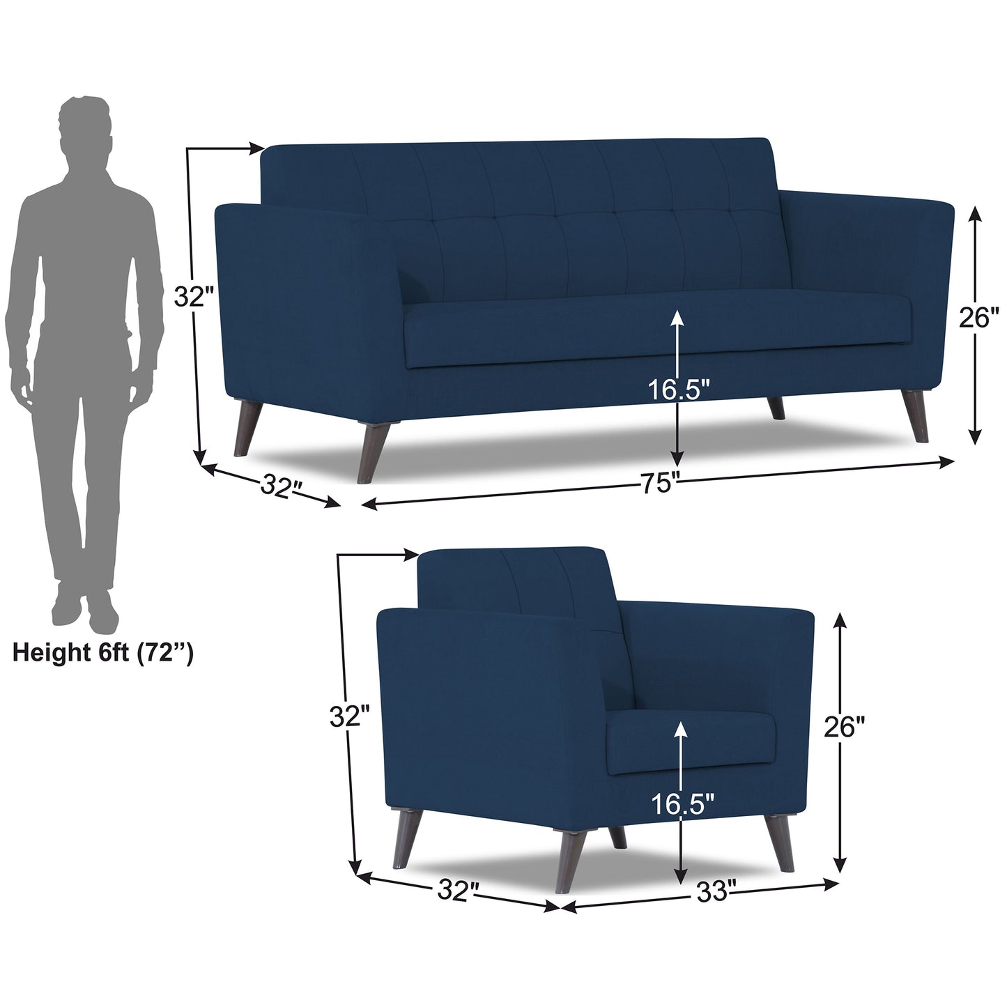 Adorn India Dannis 3+1+1 5 Seater Sofa Set (Blue) (3 Year Warranty)