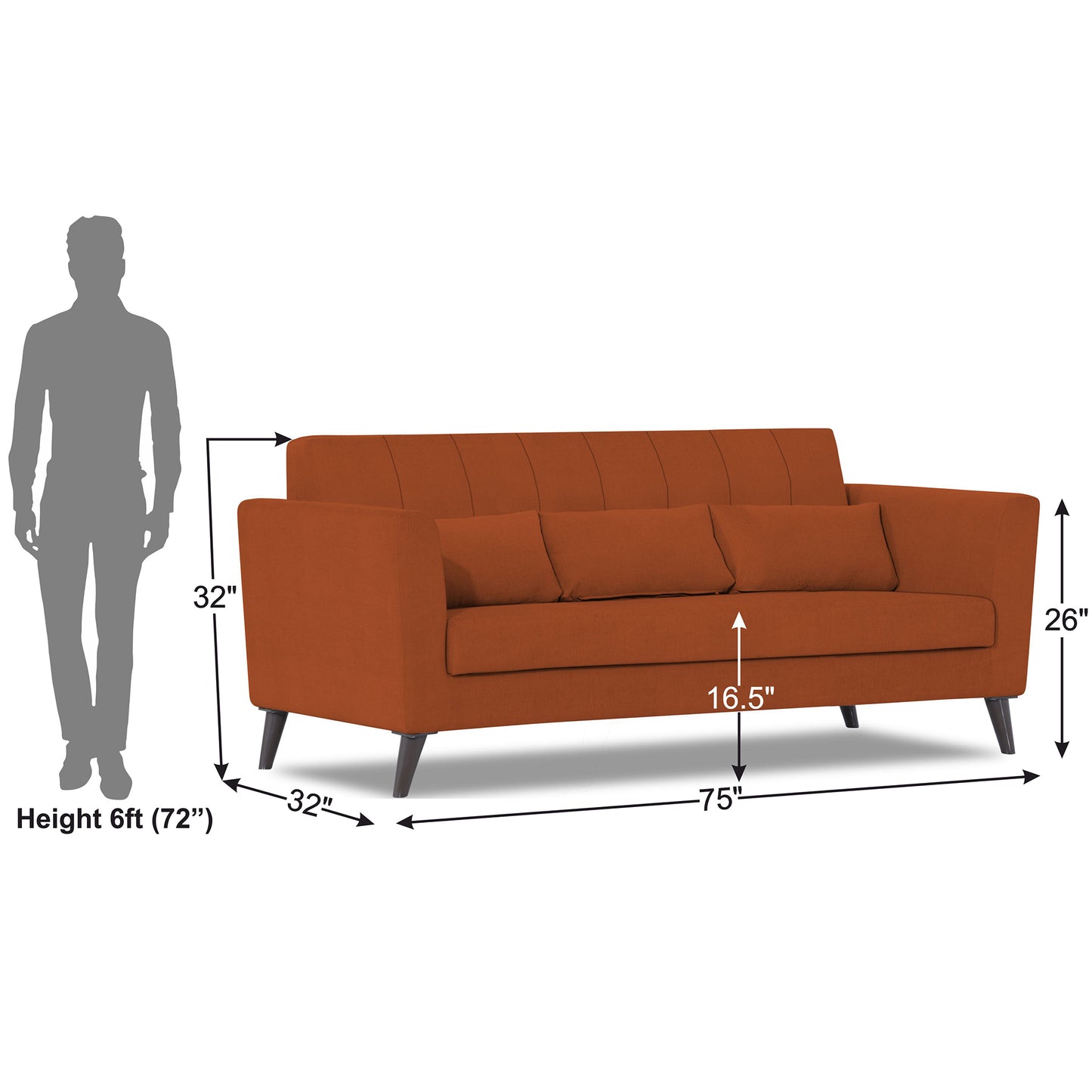 Adorn India Daniel 3 Seater Sofa (Rust) (3 Year Warranty)