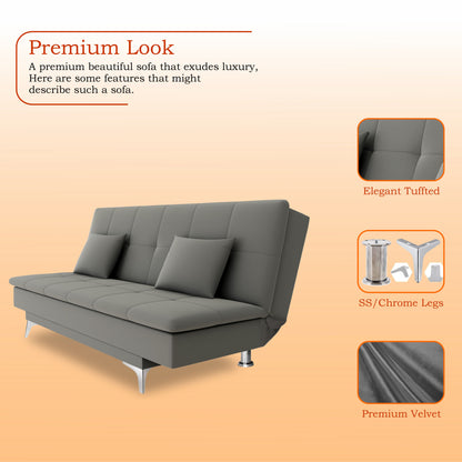 Adorn India Premium New Aspen 3 Seater Sofa Cum Bed 4X6 Velvet Suede with 2 Cushions (Color Grey) and Suitable for All Indoor, with 3 Years Warranty