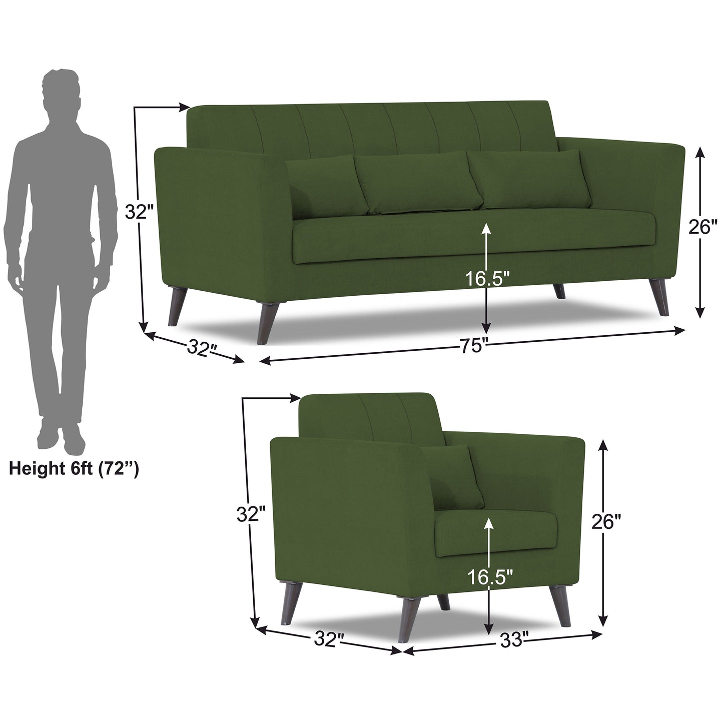 Adorn India Daniel 3+1+1 5 Seater Sofa Set (Green) (3 Year Warranty)