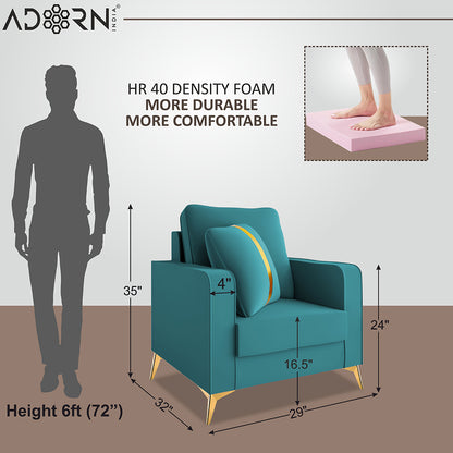Adorn India Premium Chandler - 3 Years Warranty - 1 Seater Sofa Velvet Suede Fabric - Aqua Blue