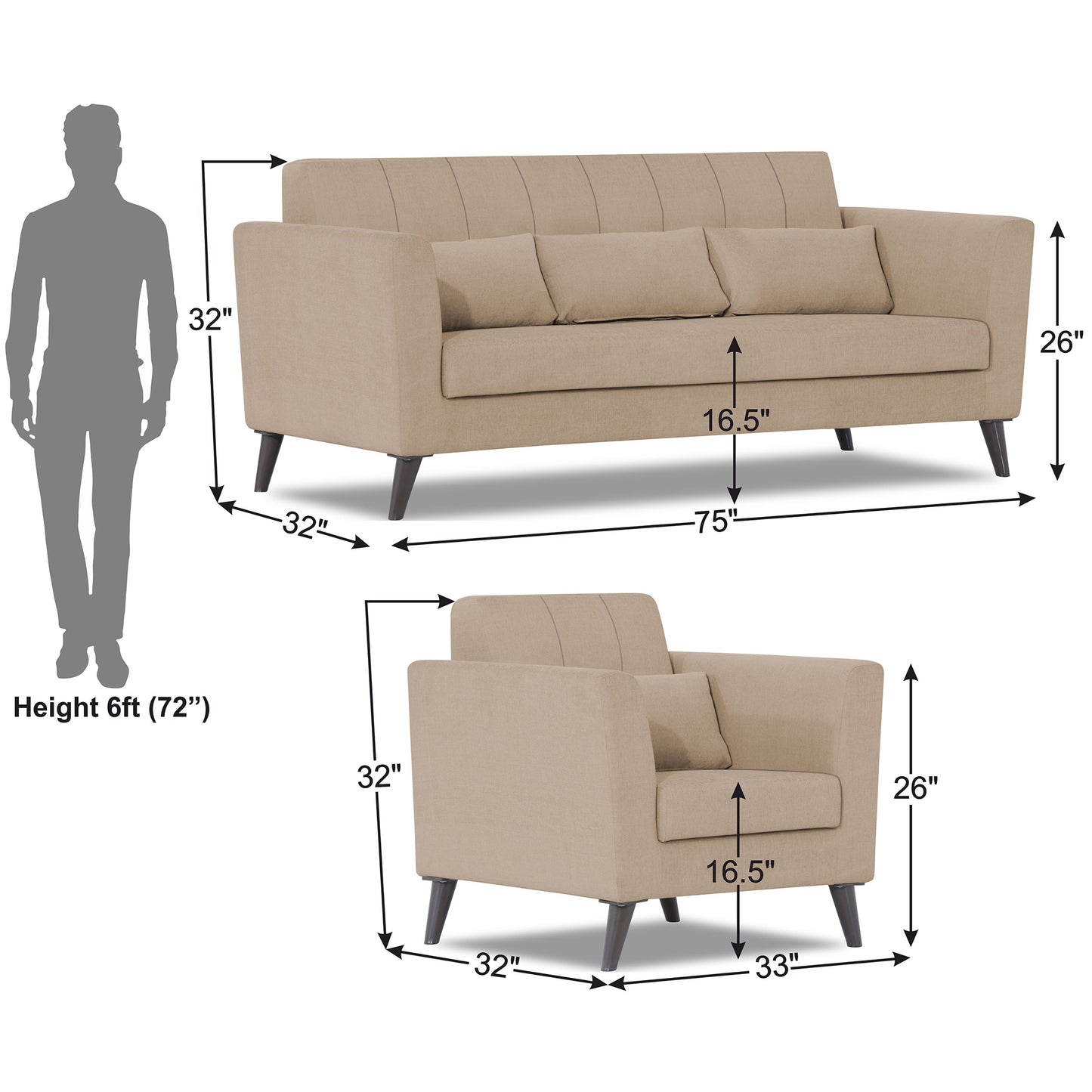 Adorn India Daniel 3+1+1 5 Seater Sofa Set (Beige) (3 Year Warranty)