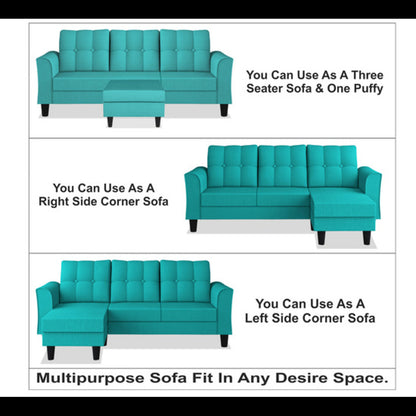 Adorn India Maddox Tufted L Shape 4 Seater Sofa Set (Aqua Blue) (3 Year Warranty)
