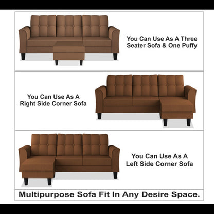 Adorn India Maddox Tufted L Shape 4 Seater Sofa Set (Brown) (3 Year Warranty)