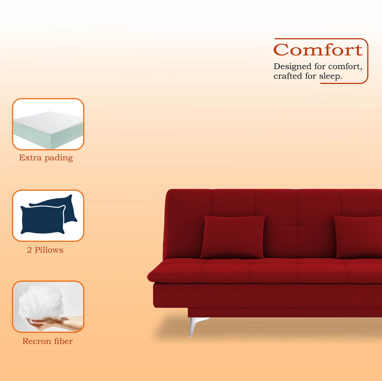 Adorn India Premium New Aspen 3 Seater Sofa Cum Bed 4X6 Velvet Suede with 2 Cushions (Color Red) and Suitable for All Indoor, with 3 Years Warranty