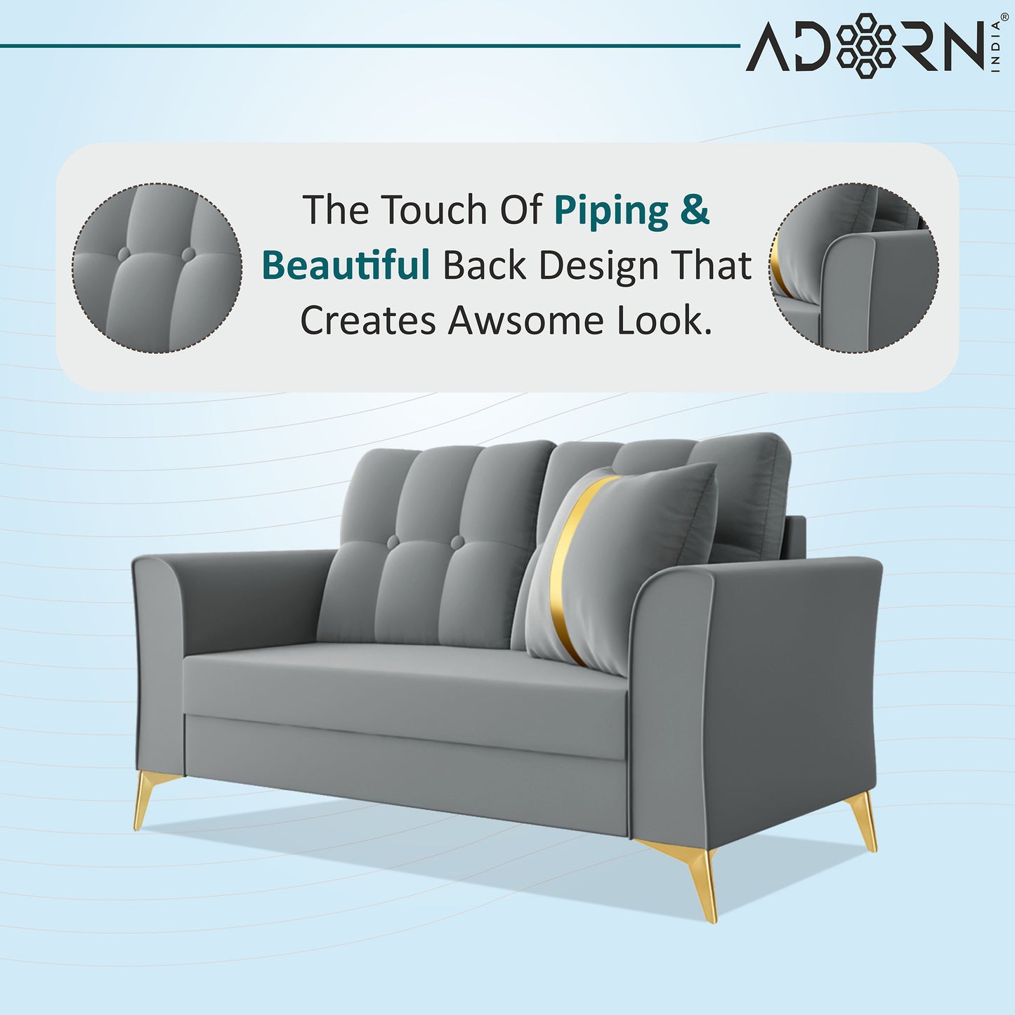 Adorn India Premium Maddox Tufted - 3 Years Warranty - 2 Seater Sofa Velvet Suede Fabric - Grey