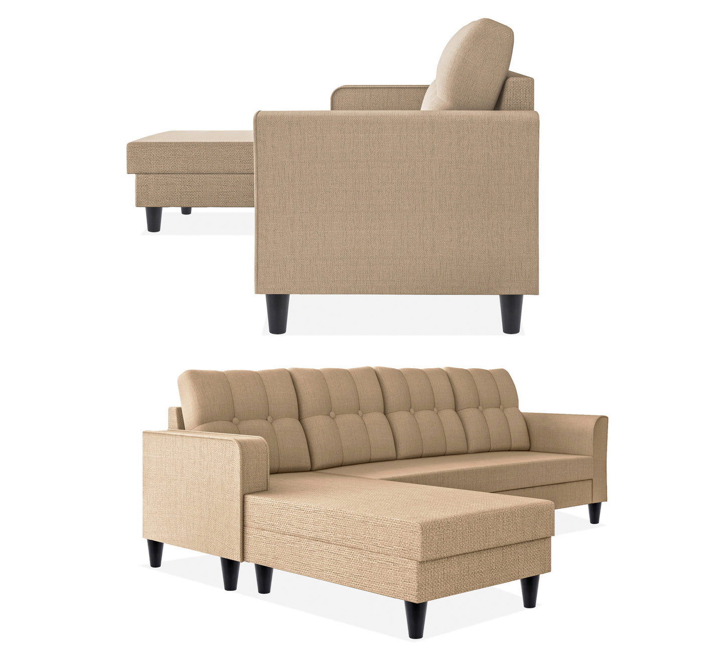 Adorn India Maddox Tufted L Shape 5 Seater Sofa Chenille Sofa Set LHS (Beige) (3 Year Warranty)