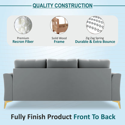 Adorn India Premium Maddox Tufted - 3 Years Warranty - L Shape 4 Seater Sofa Set Velvet Suede Fabric - Grey