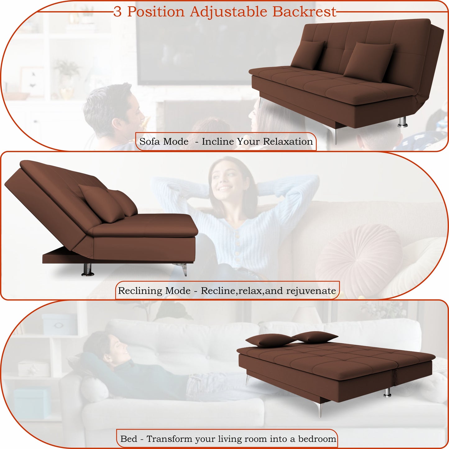 Adorn India Premium New Aspen 3 Seater Sofa Cum Bed 4X6 Velvet Suede with 2 Cushions (Color Brown) and Suitable for All Indoor, with 3 Years Warranty