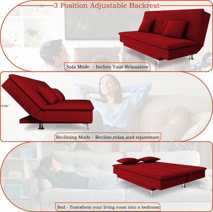 Adorn India Premium New Aspen 3 Seater Sofa Cum Bed 4X6 Velvet Suede with 2 Cushions (Color Red) and Suitable for All Indoor, with 3 Years Warranty