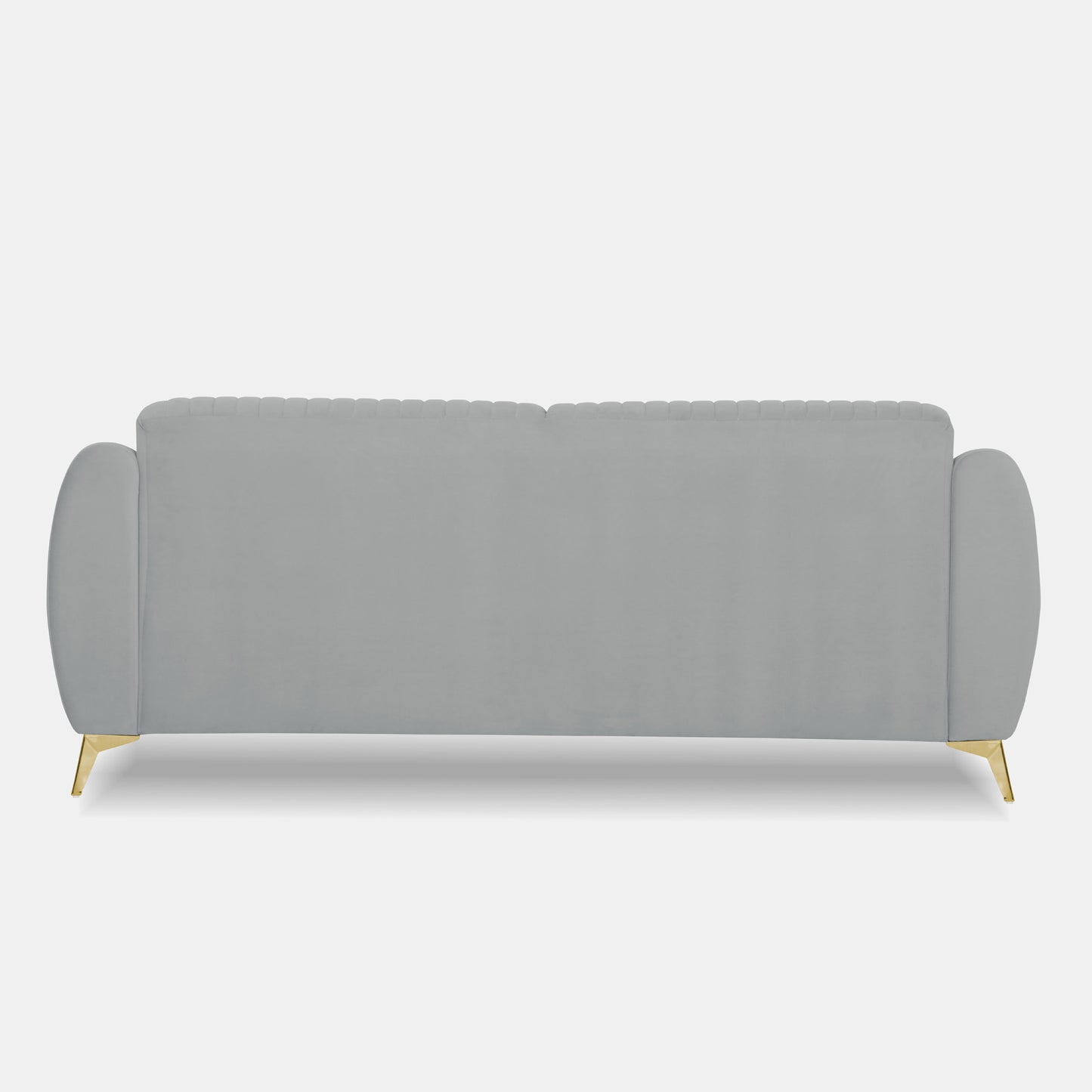 Adorn India Premium Valentino 3 Seater Sofa | Velvet Suede Fabric | 3-Year Warranty | Color Grey with Golden Legs & Striped Pattern Cushion