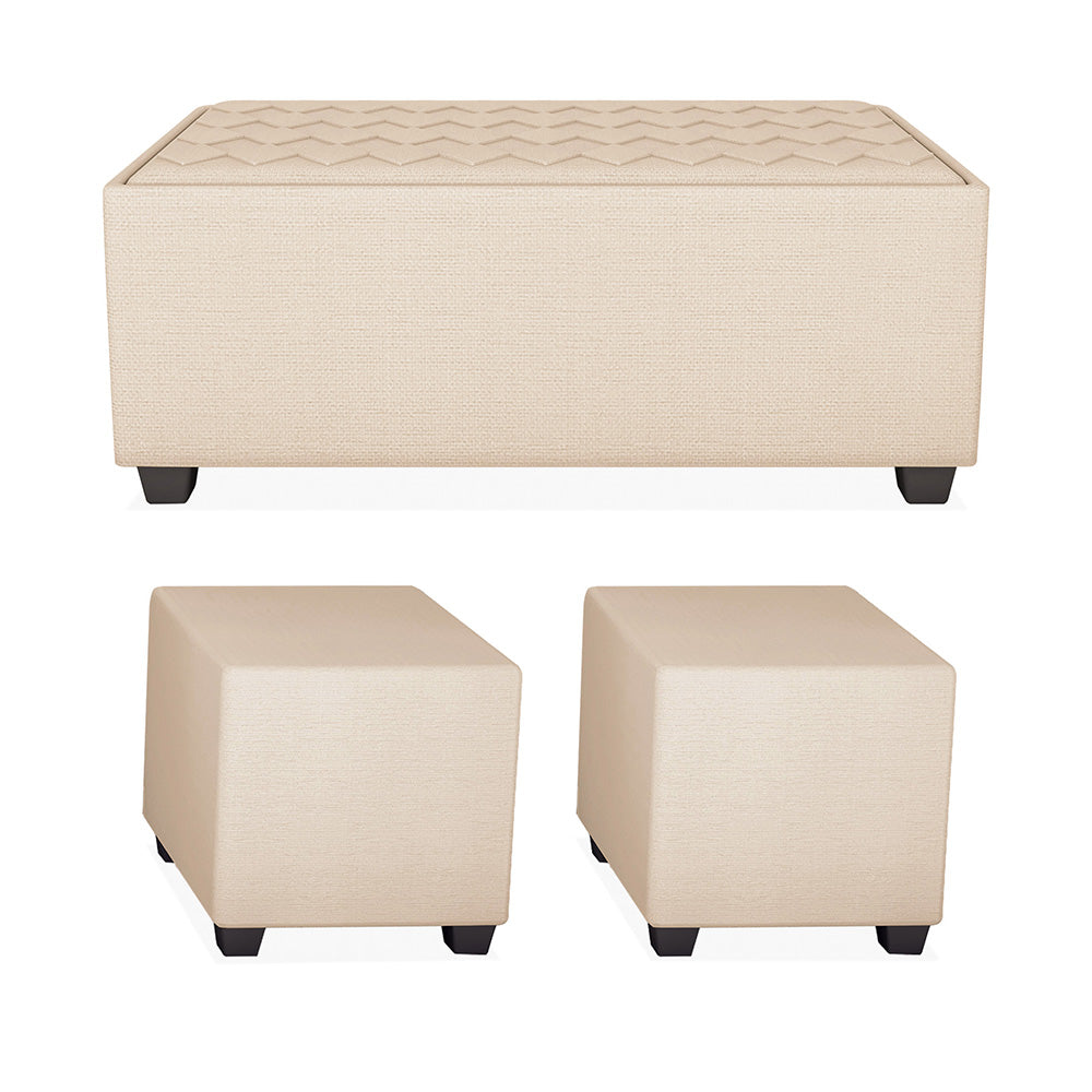 Adorn India Darcy L Shape 8 Seater Sofa Set with Center Table and 2 Ottoman Puffy (LHS) (Beige) (3 Year Warranty)