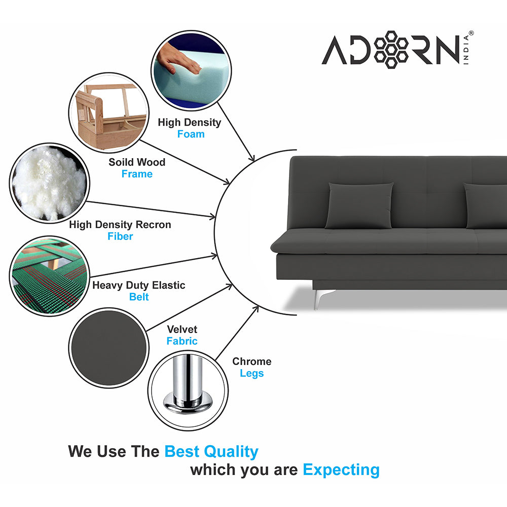 Adorn India Premium New Aspen 3 Seater Sofa Cum Bed 4X6 Velvet Suede with 2 Cushions (Color Dark Grey) and Suitable for All Indoor, with 3 Years Warranty