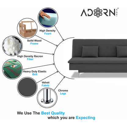 Adorn India Premium New Aspen 3 Seater Sofa Cum Bed 4X6 Velvet Suede with 2 Cushions (Color Dark Grey) and Suitable for All Indoor, with 3 Years Warranty