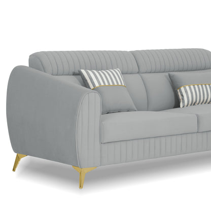 Adorn India Premium Valentino 3 Seater Sofa | Velvet Suede Fabric | 3-Year Warranty | Color Grey with Golden Legs & Striped Pattern Cushion