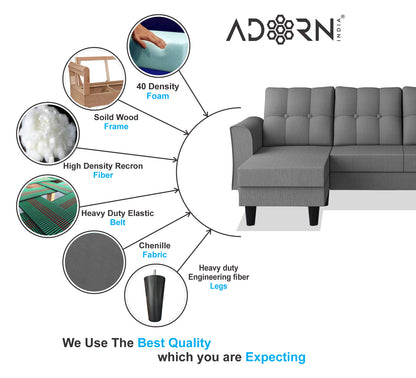 Adorn India Maddox Tufted L Shape 4 Seater Wood Sofa Set (Grey) (3 Year Warranty)
