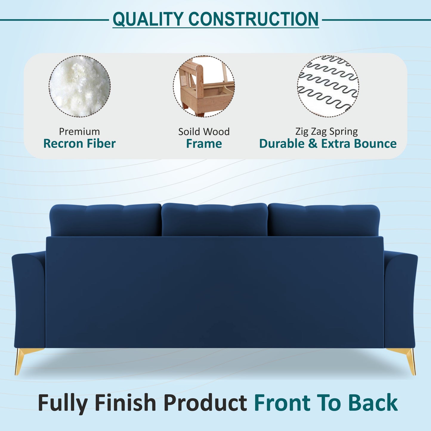 Adorn India Premium Maddox Tufted - 3 Years Warranty - L Shape 4 Seater Sofa Set Velvet Suede Fabric -Blue