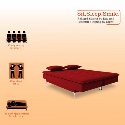 Adorn India Premium New Aspen 3 Seater Sofa Cum Bed 4X6 Velvet Suede with 2 Cushions (Color Red) and Suitable for All Indoor, with 3 Years Warranty