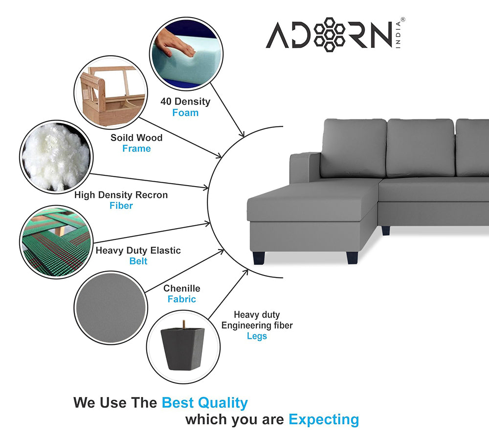 Adorn India Chandler Plain L Shape 6 Seater Sofa Set Lhs (Grey) (3 Year Warranty)