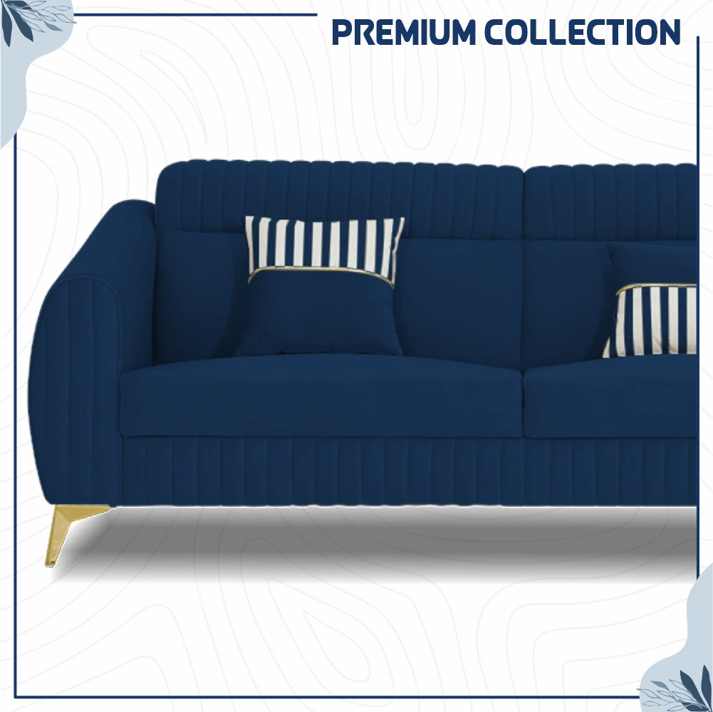 Adorn India Premium Valentino 3-2-1 Sofa Set | Velvet Suede Fabric | 3-Year Warranty | Color Blue with Golden Legs & Striped Pattern Cushion