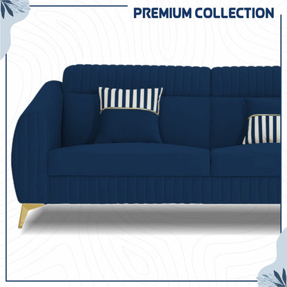 Adorn India Premium Valentino 3-2-1 Sofa Set | Velvet Suede Fabric | 3-Year Warranty | Color Blue with Golden Legs & Striped Pattern Cushion