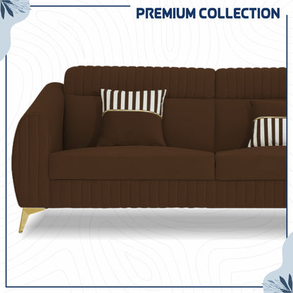 Adorn India Premium Valentino 3-2 Sofa Set | Velvet Suede Fabric | 3-Year Warranty | Color Brown with Golden Legs & Striped Pattern Cushion