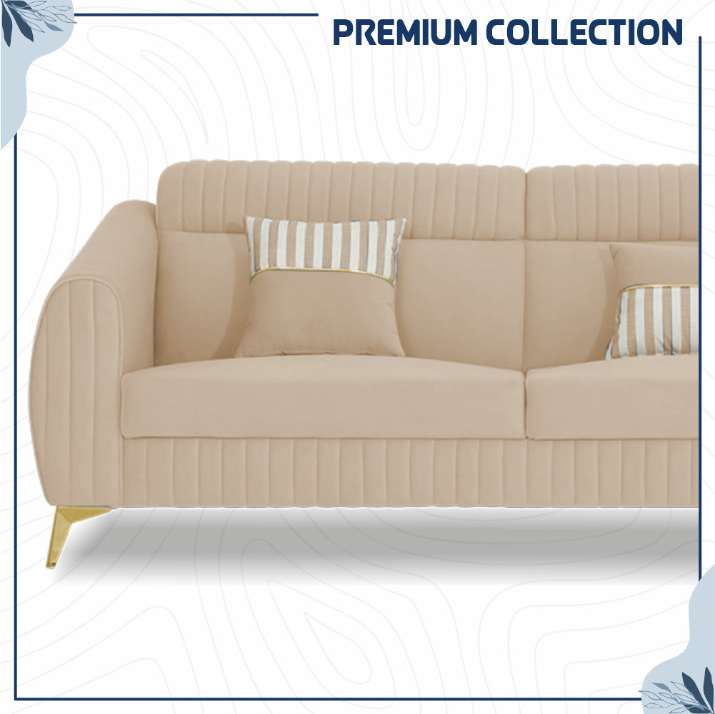 Adorn India Premium Valentino 3-1-1 Sofa Set | Velvet Suede Fabric | 3-Year Warranty | Color Beige with Golden Legs & Striped Pattern Cushion