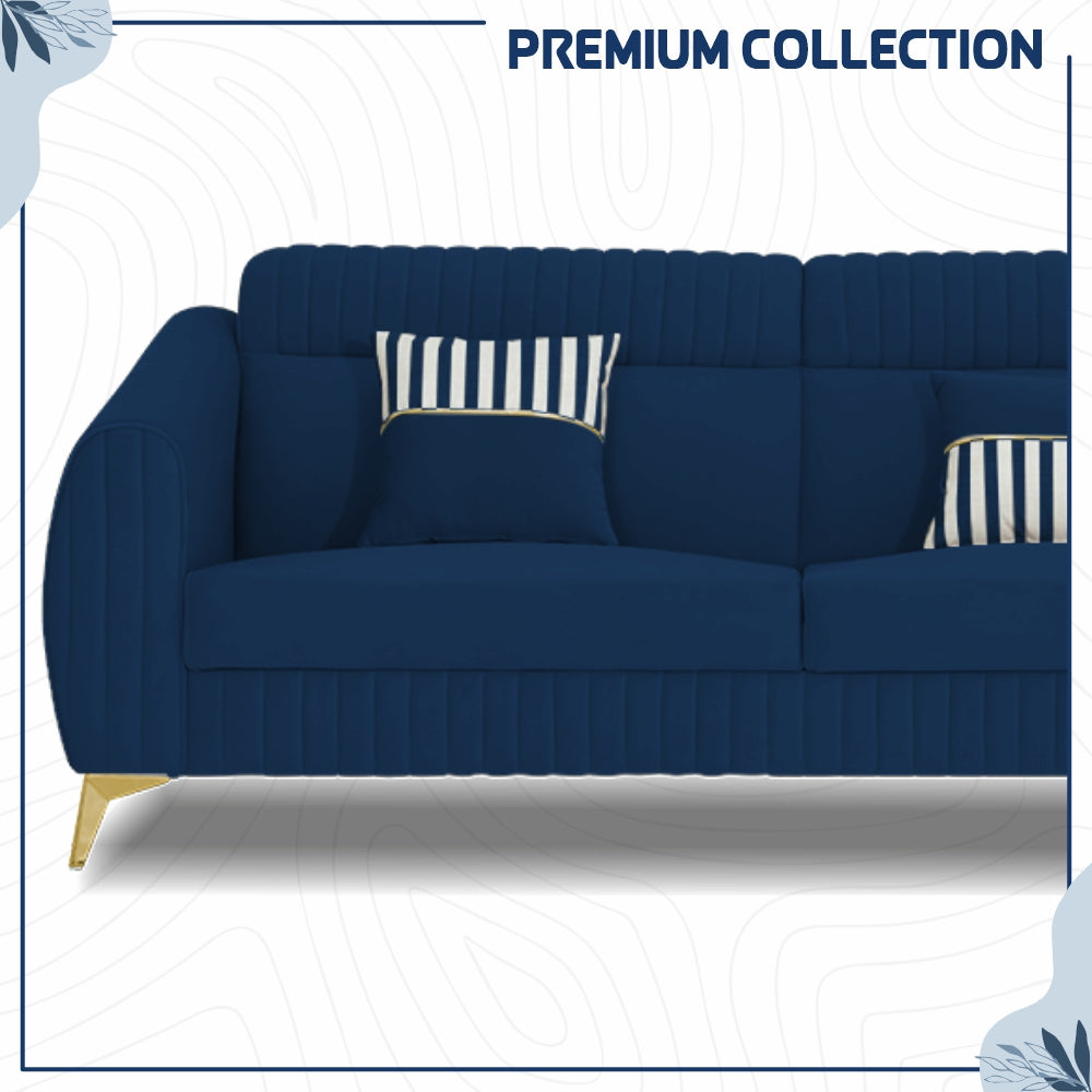 Adorn India Premium Valentino 3-1-1 Sofa Set | Velvet Suede Fabric | 3-Year Warranty | Color Blue with Golden Legs & Striped Pattern Cushion